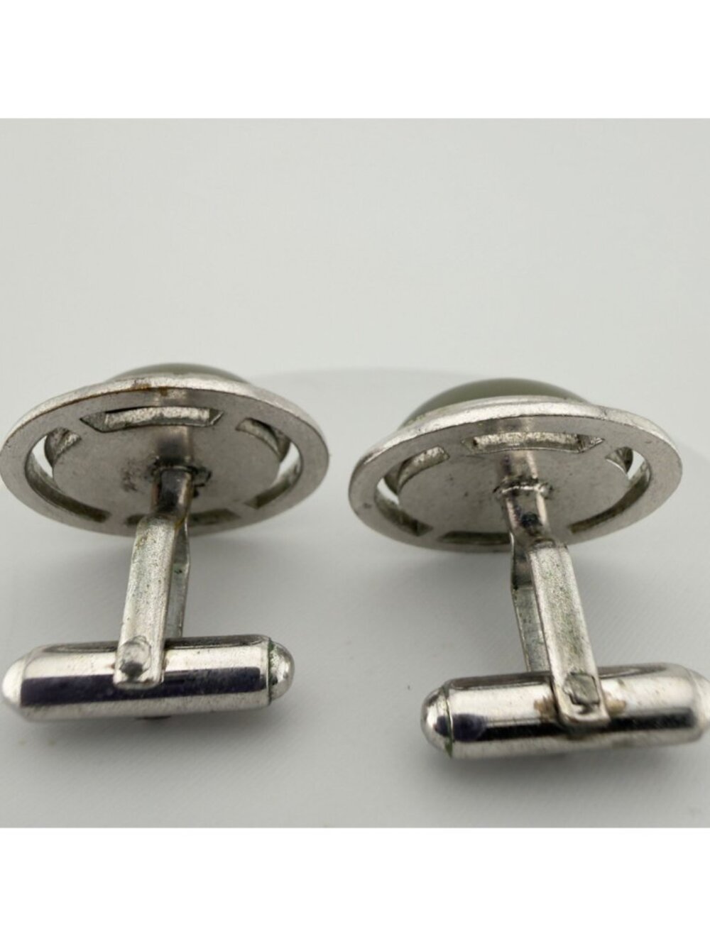 Vintage Green Domed Cabochon Cuff Links Silver Tone Mid Century - Picture 4 of 6